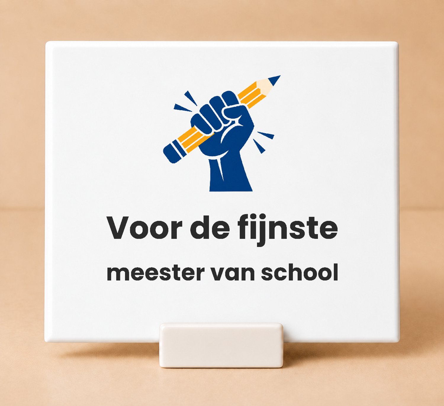 Bedruk King Strakke minimalistische Juf en Meester 'Bijna Kerstvakantie' Tegel – Stijlvolle decoratie voor leerkrachten en scholen - 15 x 15 cm met houder Wit
