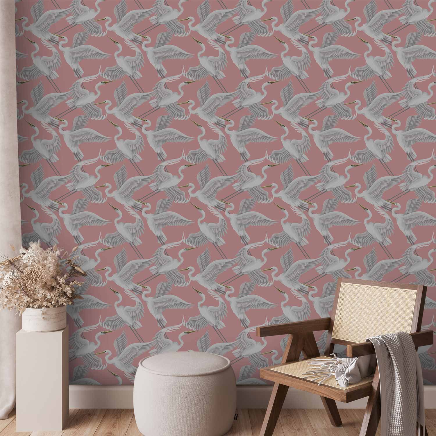 Behang - Pastel birds – a delicate pattern of white and grey herons on a light pink background
