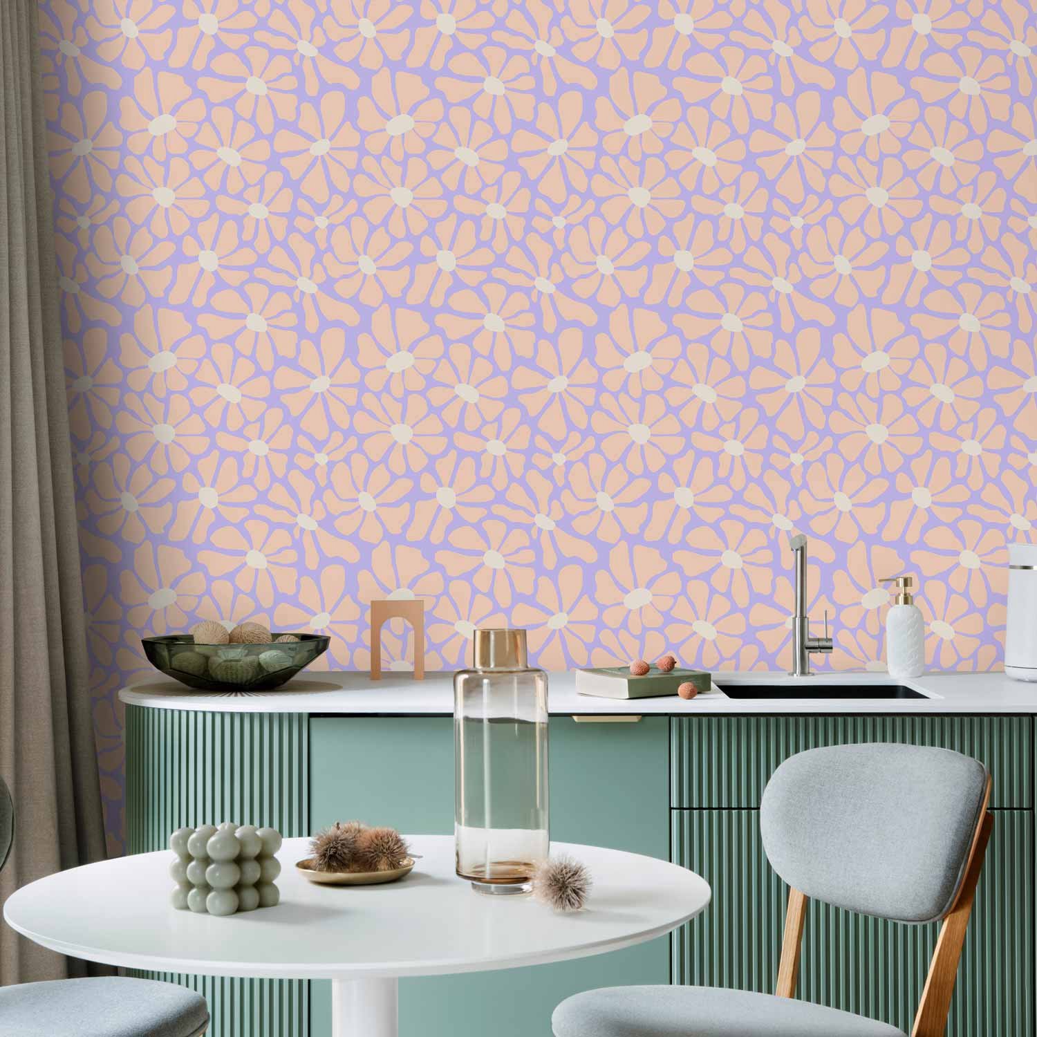 Behang - Cute Light-Beige Little Flowers - Small flowers with beige - undulating petals on a blue background.