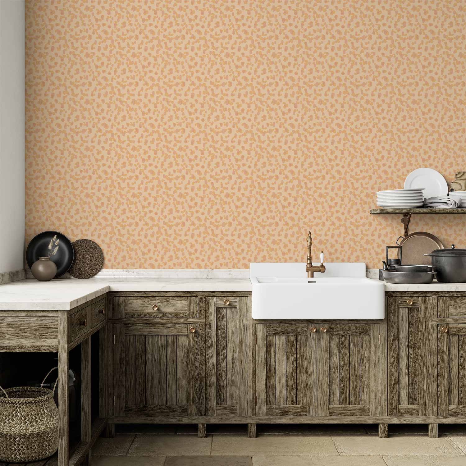 Behang - Tiny Dots - optimistic pattern in peach colors.