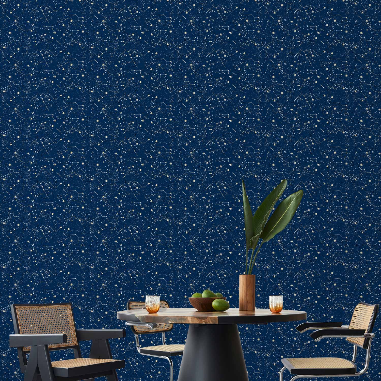 Behang - Cosmic Inspirations - Pattern with Stars and Constellations on a Dark Background.