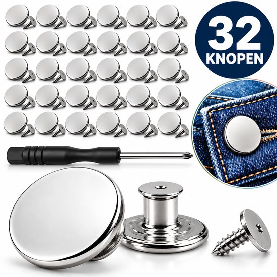 32 zilverkleurige knopen met schroevendraaier, ideaal voor jeans.