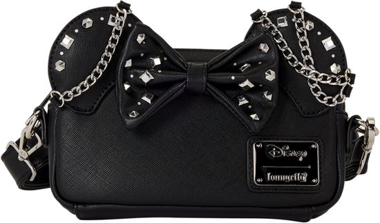 Zwarte Minnie Mouse crossbodytas met zilveren studs, strik en kettingaccenten, inclusief Disney Loungefly-logo.