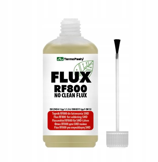 Flesje Termo Pasty FLUX RF800, een 'no clean flux' voor SMD-soldeerwerk. Inclusief applicator.