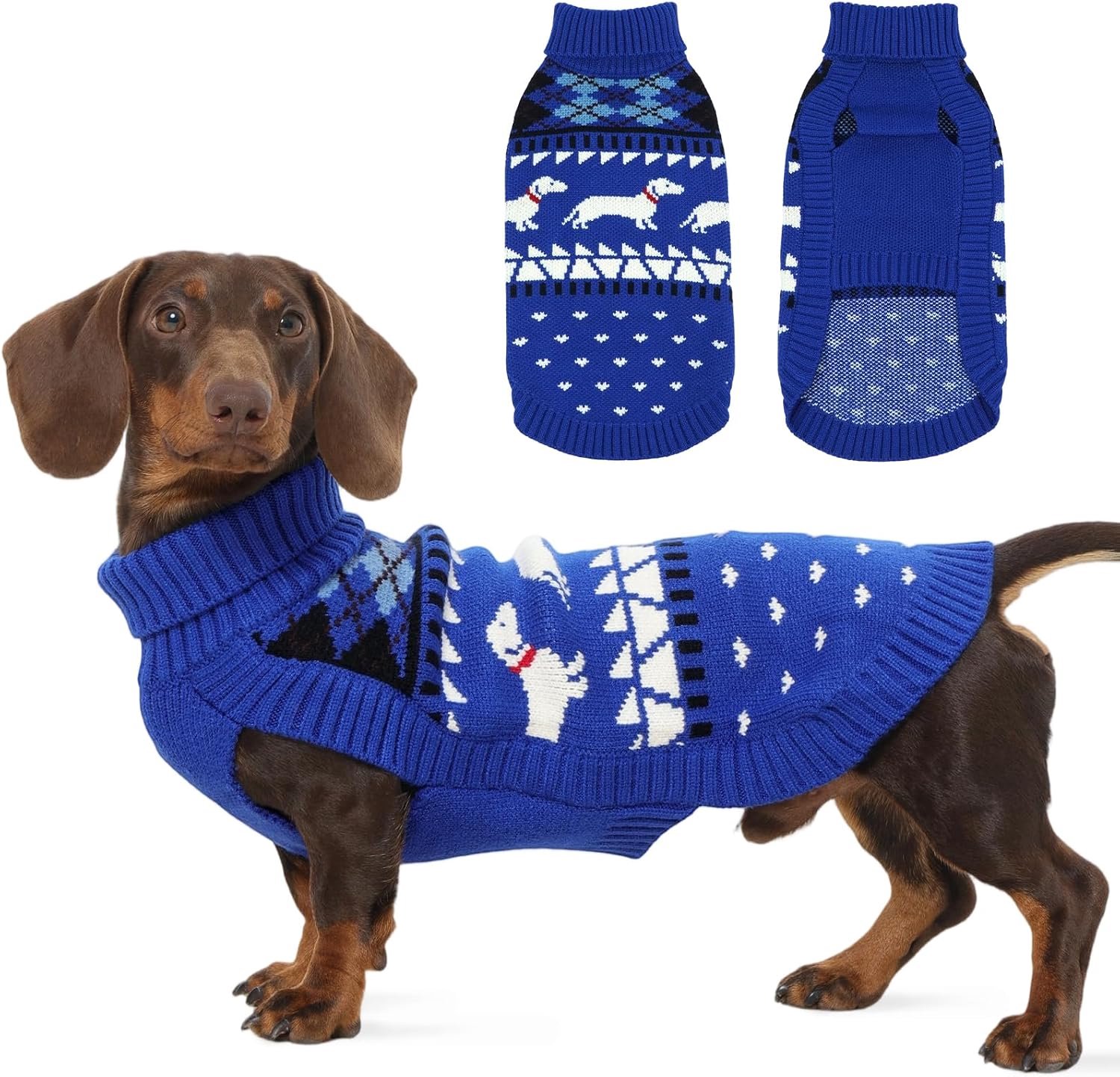 Trui S, schattige hondentrui met teckelpatroon, zachte fleece hondenjas, coltrui voor kleine honden, knus herfst/winter, cadeau, blauw