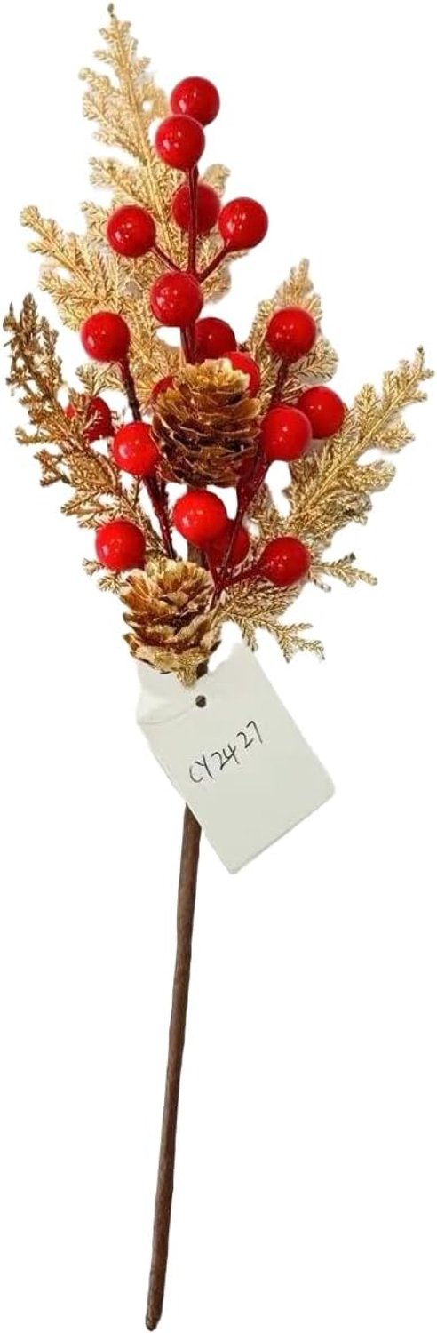 6 stuks kunstdennennaalden, takken, kerstbomen, nep-groenplectrums met rode bessenstengels, kunstgroen, Norfolk dennenstengels, takjes voor doe-het-zelf handwerk, woondecoratie, E