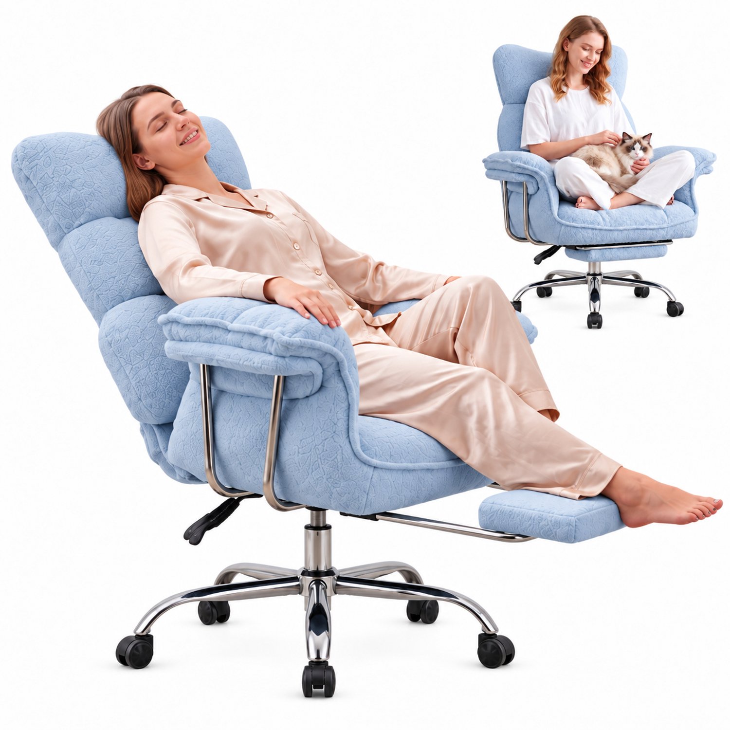 Dowinx Game stoelen - Gamestoel blauw - Ergonomische Gamestoel - Grote Bureaustoel - Gamestoel met voetsteun - Verstelbare Gamingstoel - Tot 181 kg - Game bureaustoel chair - Teddy fleece