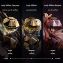 Drie Lady Million-parfumflessen: Fabulous (goud), Lady Million (goud) en Empire (roze).
