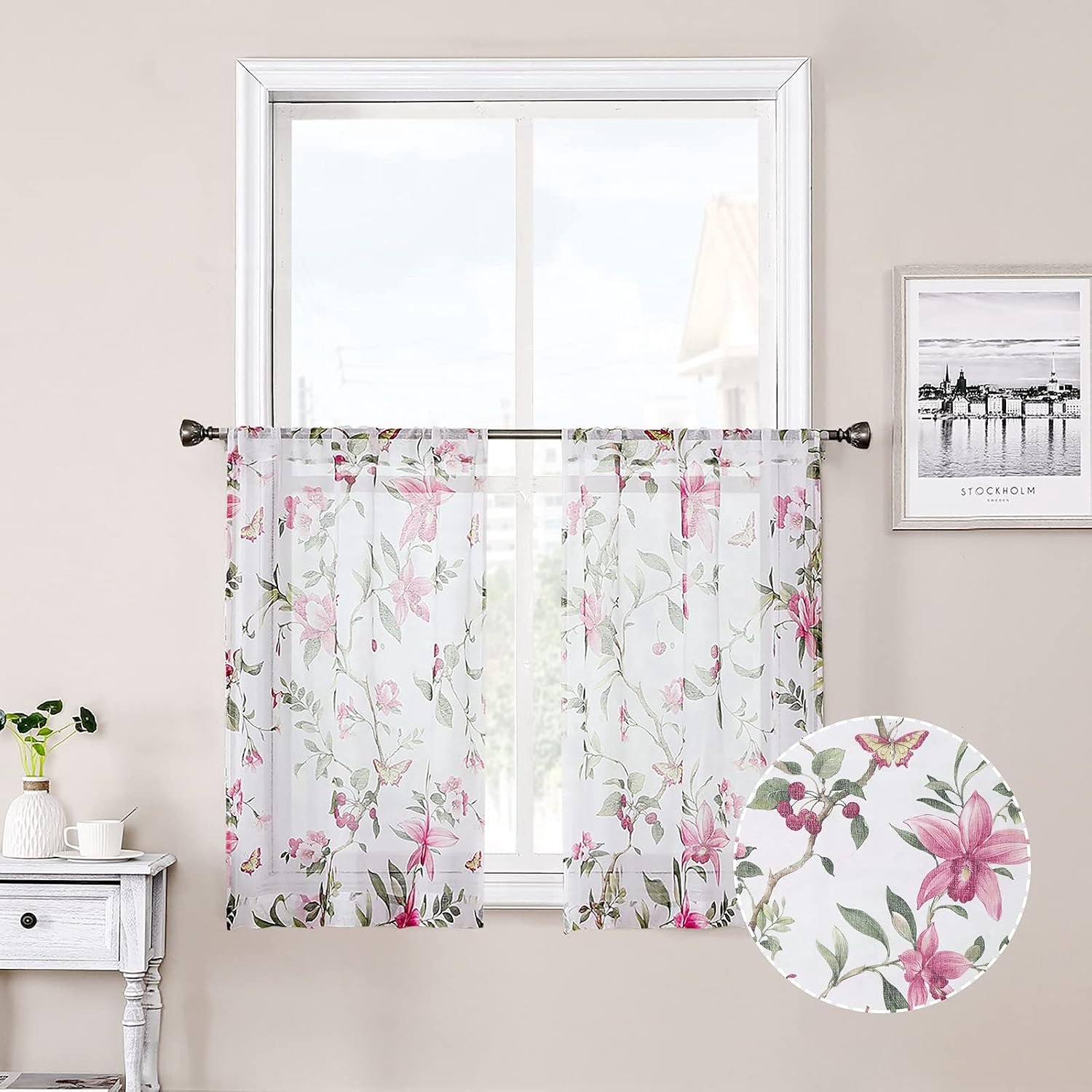 Transparant gordijn met bloemen, roze kersenbloem, vlinderprint, halve gordijnen, keukenroede, zak, voile linnen, look, wit, doorschijnend gordijn voor badkamer, 76 x 91 cm lang, set van 2