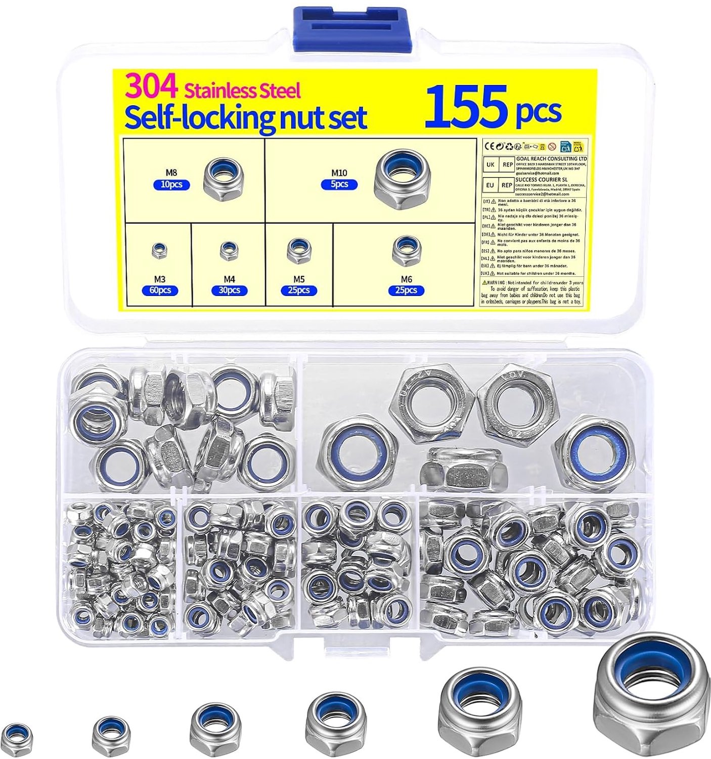 Set van 155 zelfborgende moeren, set borgmoeren