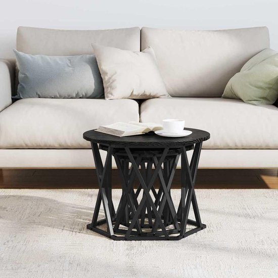 Nesting bijzettafel 3 stuks zwart eiken look met stalen frame voor woonkamer lounge praktische legplank — afbeelding 2