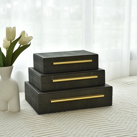 Faux Shagreen Lederen Decoratieve Sieraden Opslag Nesting Organizer Dozen met Deksels Gouden Handvat Set van 3, Grijs — afbeelding 3