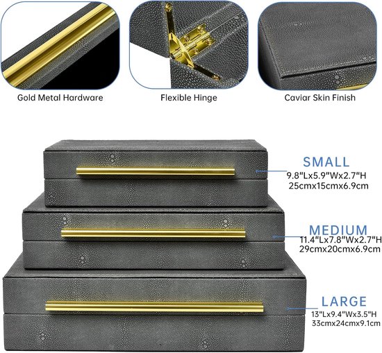 Faux Shagreen Lederen Decoratieve Sieraden Opslag Nesting Organizer Dozen met Deksels Gouden Handvat Set van 3, Grijs — afbeelding 5