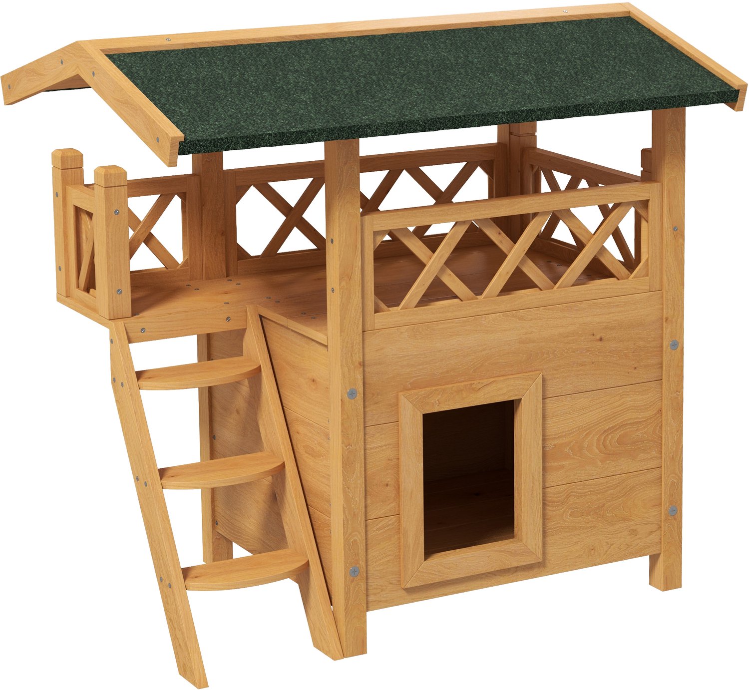 Pawona Kattenhuis met twee verdiepingen - Met asfaltdak, balkon en trap - Voor binnen en buiten - 77 x 50 x 73 cm - Natuurlijk hout en groen