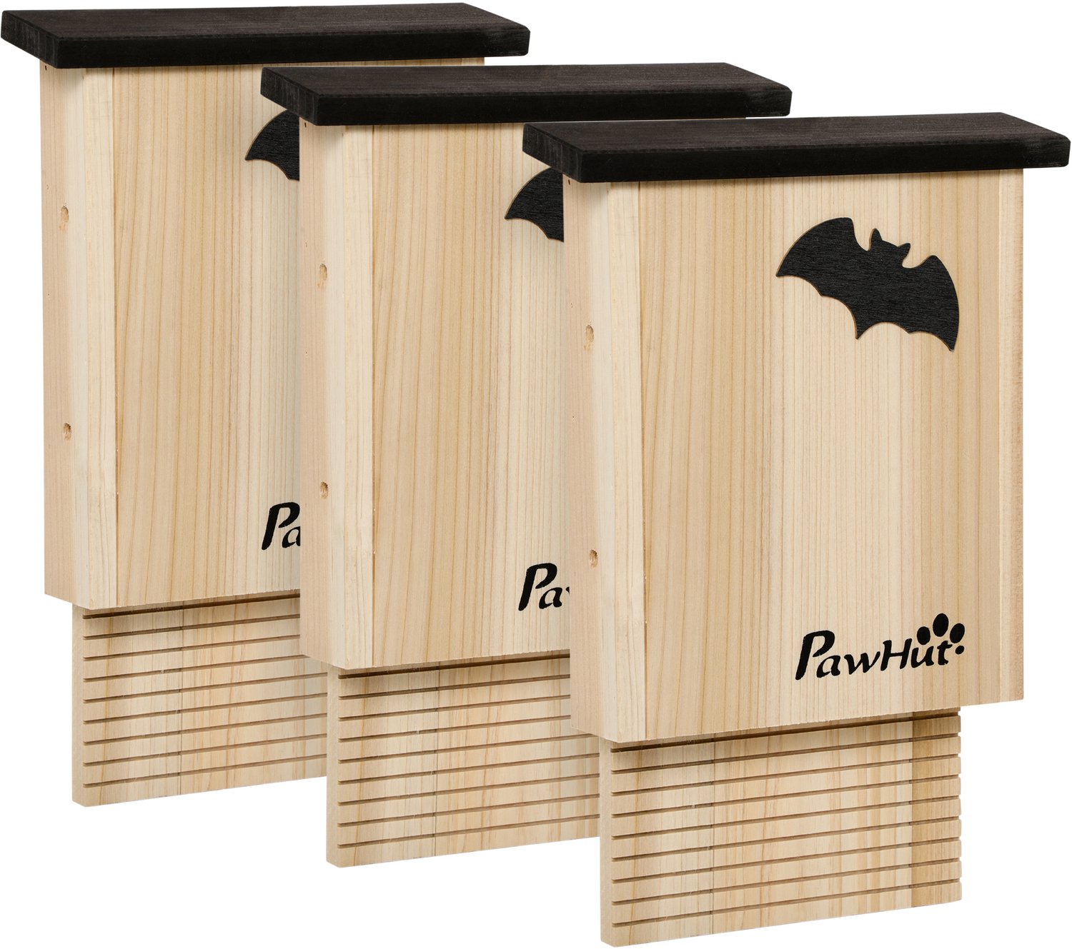 Pawona Fledermaushuis - 3-delige set - Van vurenhout - Met ophanghaak en ventilatiegaten - 25 x 6 x 37,5 cm - Natuurlijk/Zwart