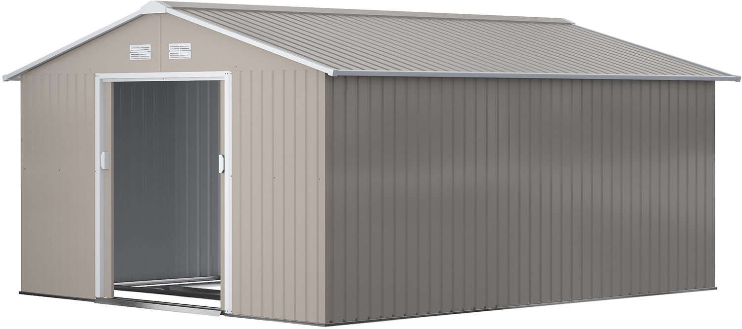 Sunona Tuinhuis - Met schuifdeuren en ventilatievensters - Verzinkt staal - 386 x 340 x 200 cm - Lichtgrijs