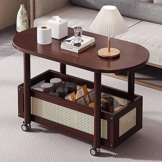 360° Stille rollende 2-laags ovale bijzettafel, bamboe massief hout en bodem rotan opslag, ruimtebesparende bank nachtkastje voor appartement (60 x 40 x 57 cm) — afbeelding 3