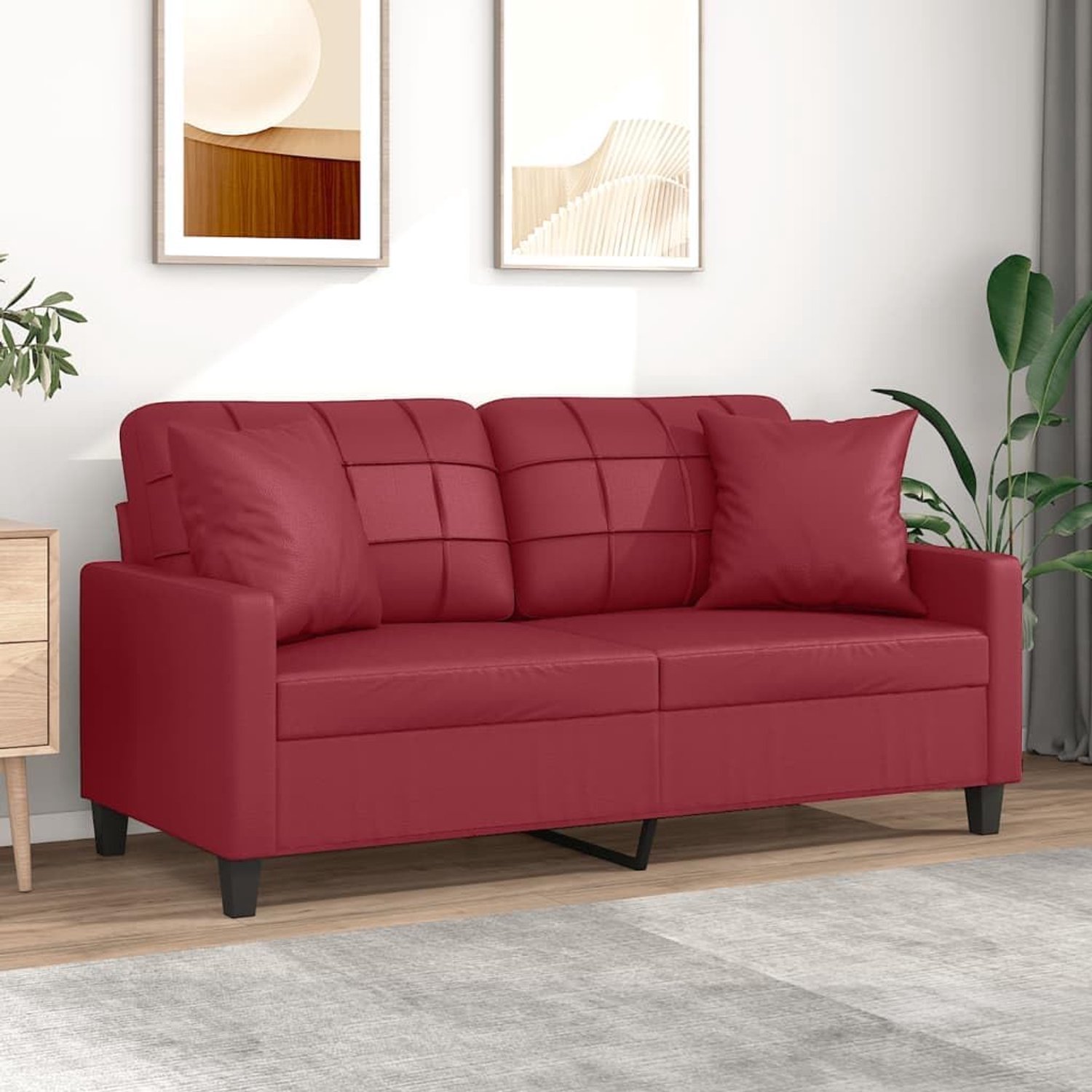 2-zitsbank met sierkussen in wijnrood, 140 cm breed, van duurzaam kunstleer, robuust metalen frame, comfortabele bekleding, inclusief bankkussen met vulling,