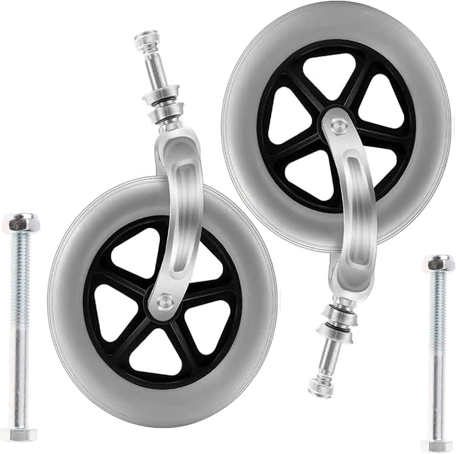 2 stuks 17cm stoel voorwiel, massief rubberen rolstoel voorwielen, twee PU rolstoel wielen met voorvork, vervangende wielen voor rolstoelen voor rollators, rolstoel(grijs)