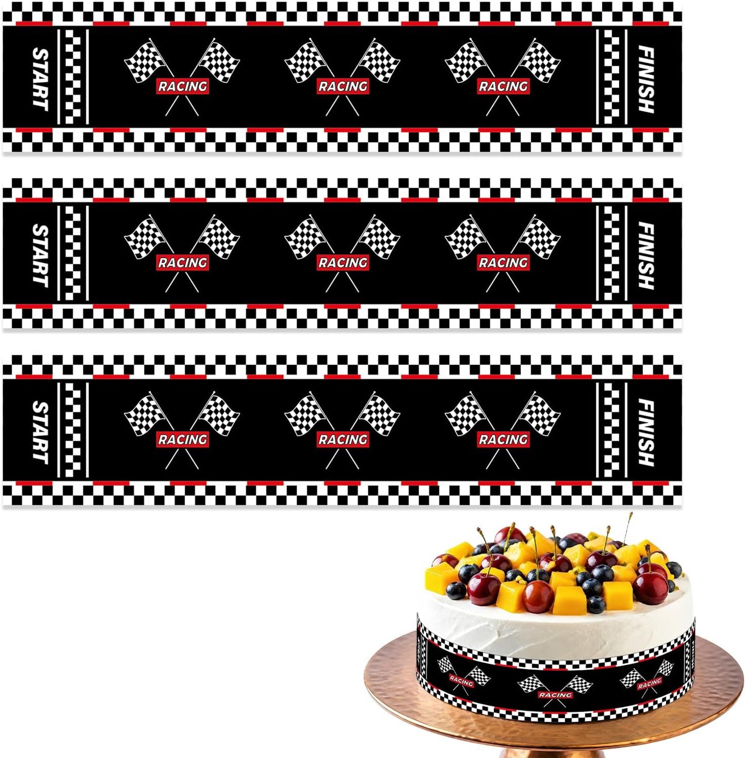 Eetbare Taartrandstrips, 28x6,2cm Voorgeknipt Zwart Wit Ruitjespapier Taartwikkel voor Verjaardag Race Thema Feest Decoratie Benodigdheden