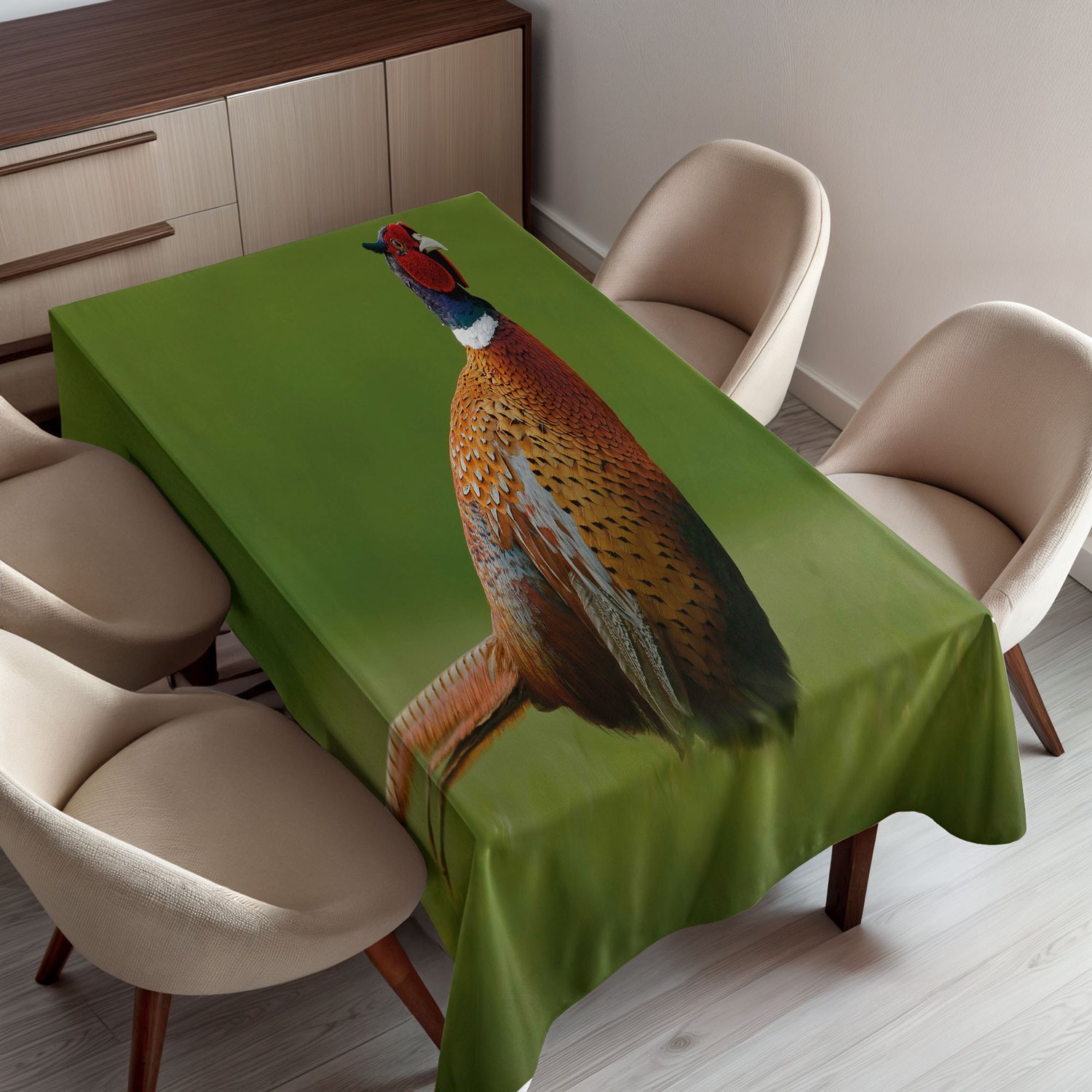 ABAKUHAUS Vogel Tafelkleed, Gewone Fazant met Lange Staart op Grasweide in Europese Habitat, Rechthoekig Tafelkleed voor Eetkamer Keukendecoratie, 130 x 150 cm, Oranje Groen