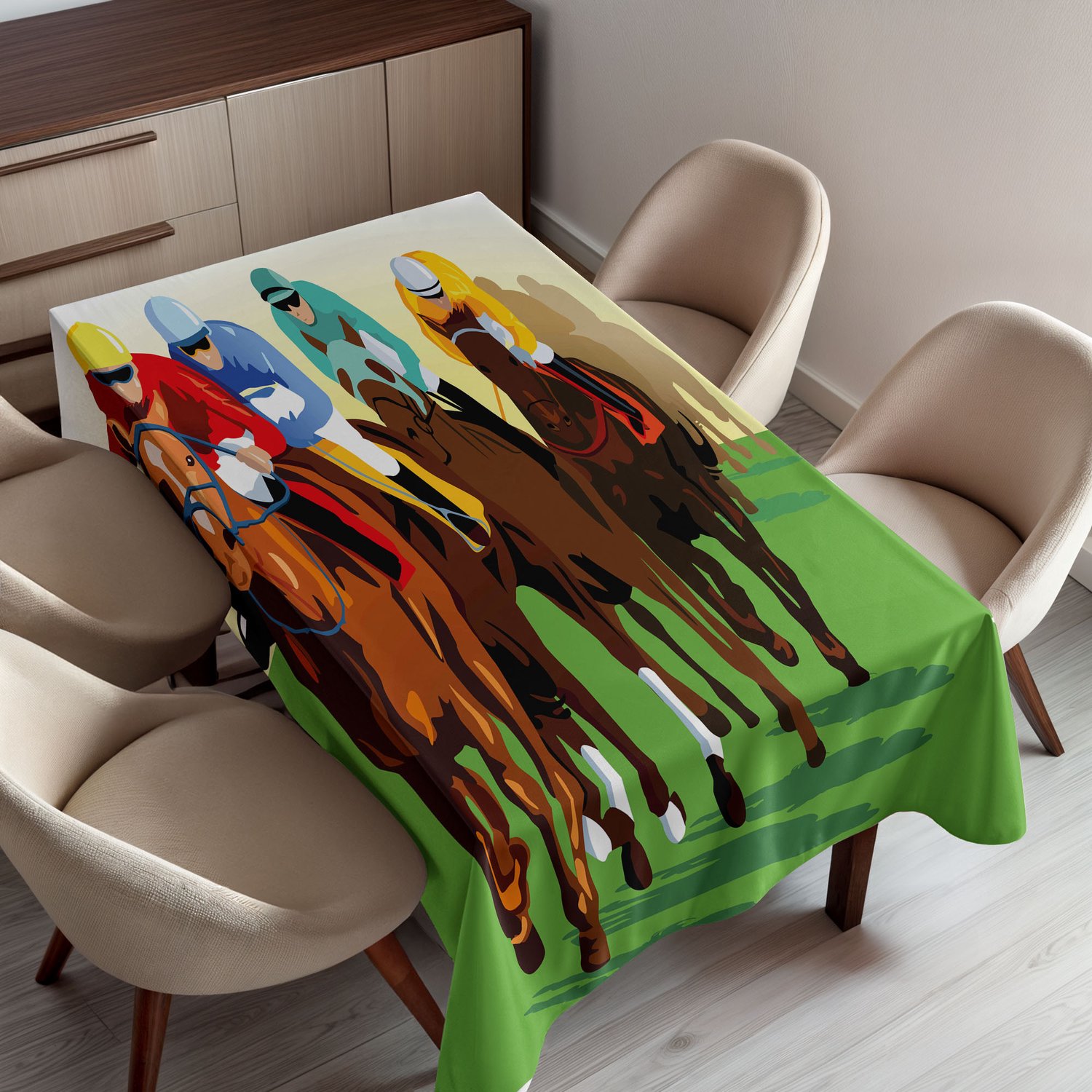 ABAKUHAUS Paard Tafelkleed, Levendige Kleurrijke Wedstrijdscène met Jockeys en Racepaarden Retro Kunstwerk, Rechthoekig Tafelkleed voor Eetkamer Keukendecoratie, 150 x 220 cm, Groen Bruin