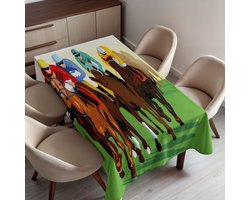 ABAKUHAUS Paard Tafelkleed, Levendige Kleurrijke Wedstrijdscène met Jockeys en Racepaarden Retro Kunstwerk, Rechthoekig Tafelkleed voor Eetkamer Keukendecoratie, 150 x 220 cm, Groen Bruin