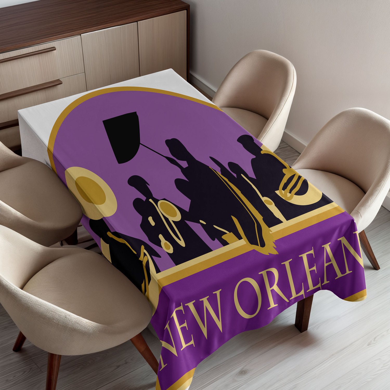 ABAKUHAUS New Orleans Tafelkleed, French Quarter Band met Jazztrompet Saxofoon en Koperblazers, Rechthoekig Tafelkleed voor Eetkamer Keukendecoratie, 130 x 150 cm, Blauw Violet Aardgeel Zwart