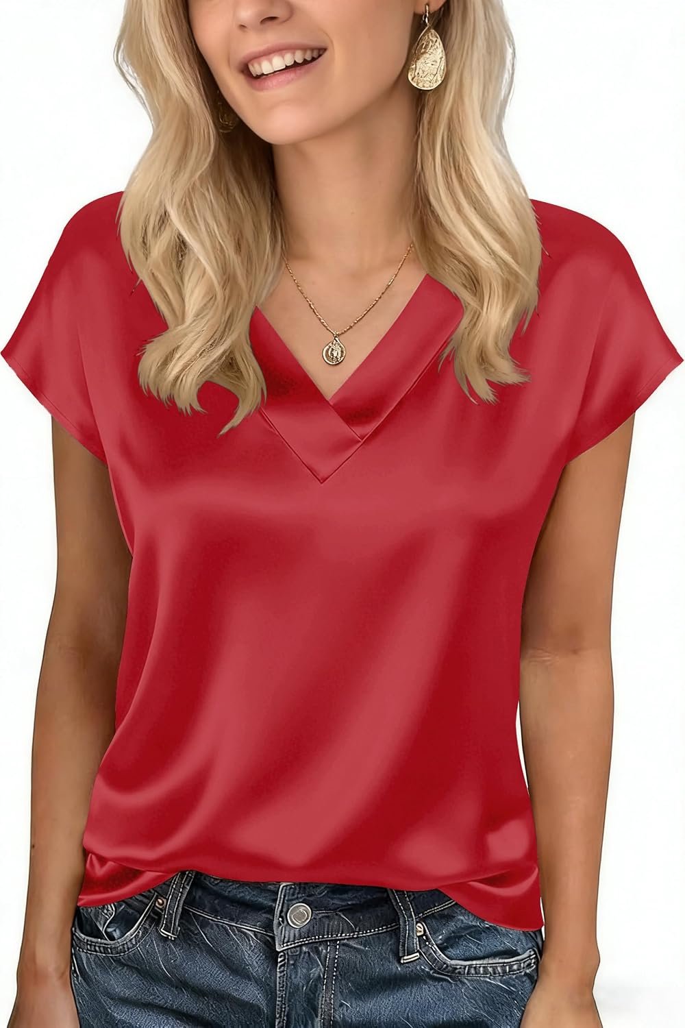 Blouse voor dames, zomer, bovenstuk, chic en elegant, casual, T-shirt met korte mouwen, V-hals, basic, tops, effen, losse blouse, zijde, chic, werkblouse, kantoor, avond