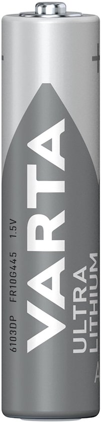 Pile Varta AAA Ultra Lithium. Argent avec logo Varta gris et blanc.