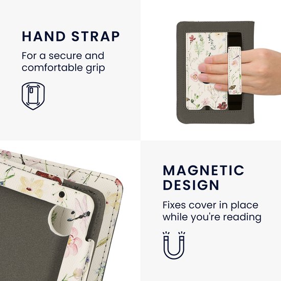 kwmobile e-reader hoesje geschikt voor Kobo Clara BW / Colour hoes - E reader flip case van kunstleer - Ereader cover met stand - Daisy-varens design in wit / geel / groen — afbeelding 5