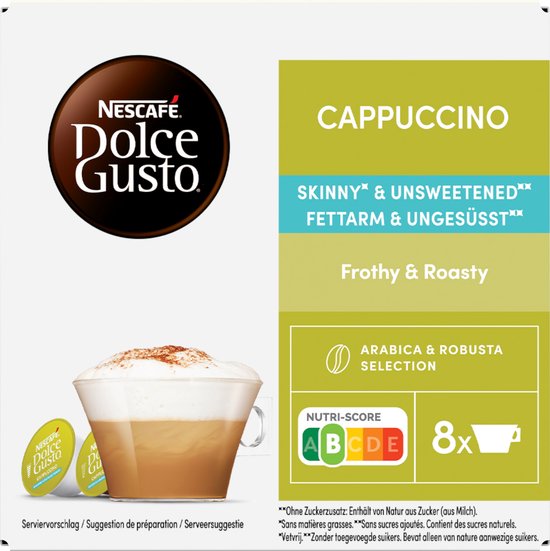 Detailaanzicht verpakking Nescafé Dolce Gusto Cappuccino Skinny & Unsweetened met Nutri-Score A.