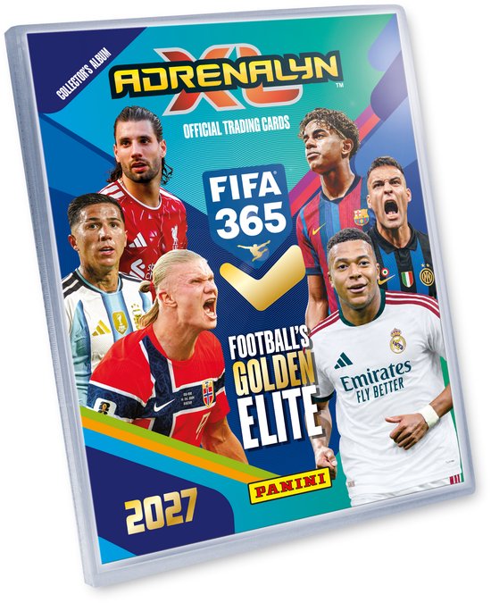 Panini Adrenalyn XL FIFA 365 2027 verzamelalbum met iconische voetbalspelers en officiële trading cards.