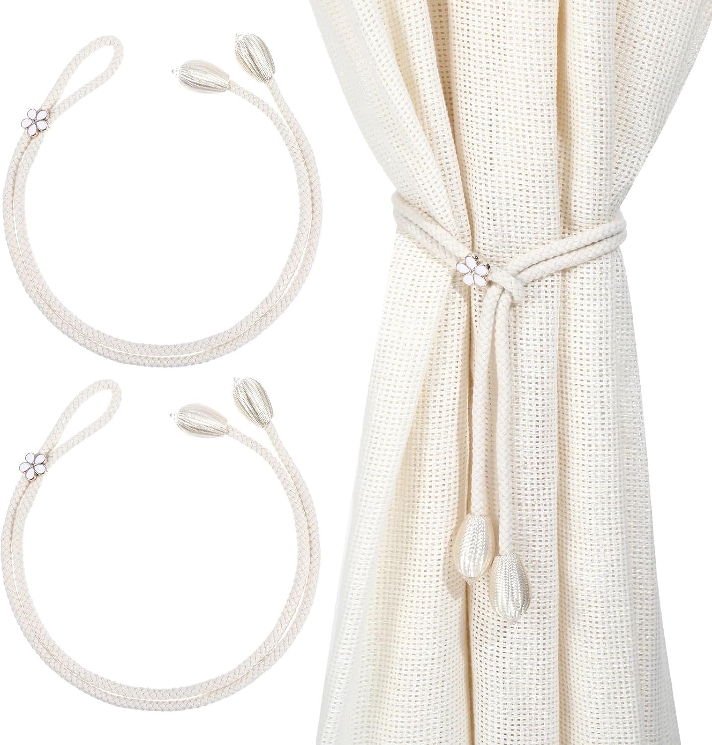 Set van 2 verstelbare gordijnbinders in boho-stijl voor gordijnen, gordijnhouders, gordijntape, gordijnhouders voor thuis, kantoor en raamdecoratie,Beige