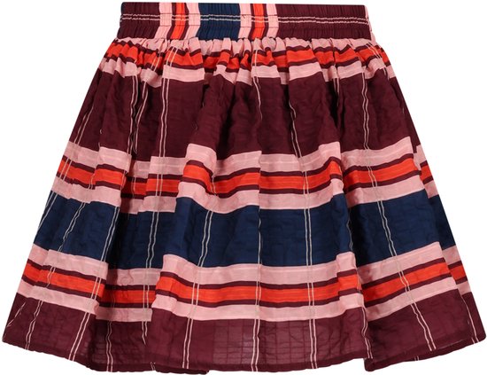 Geplooide rok met elastische tailleband in bordeaux, roze, oranje en donkerblauwe horizontale strepen.