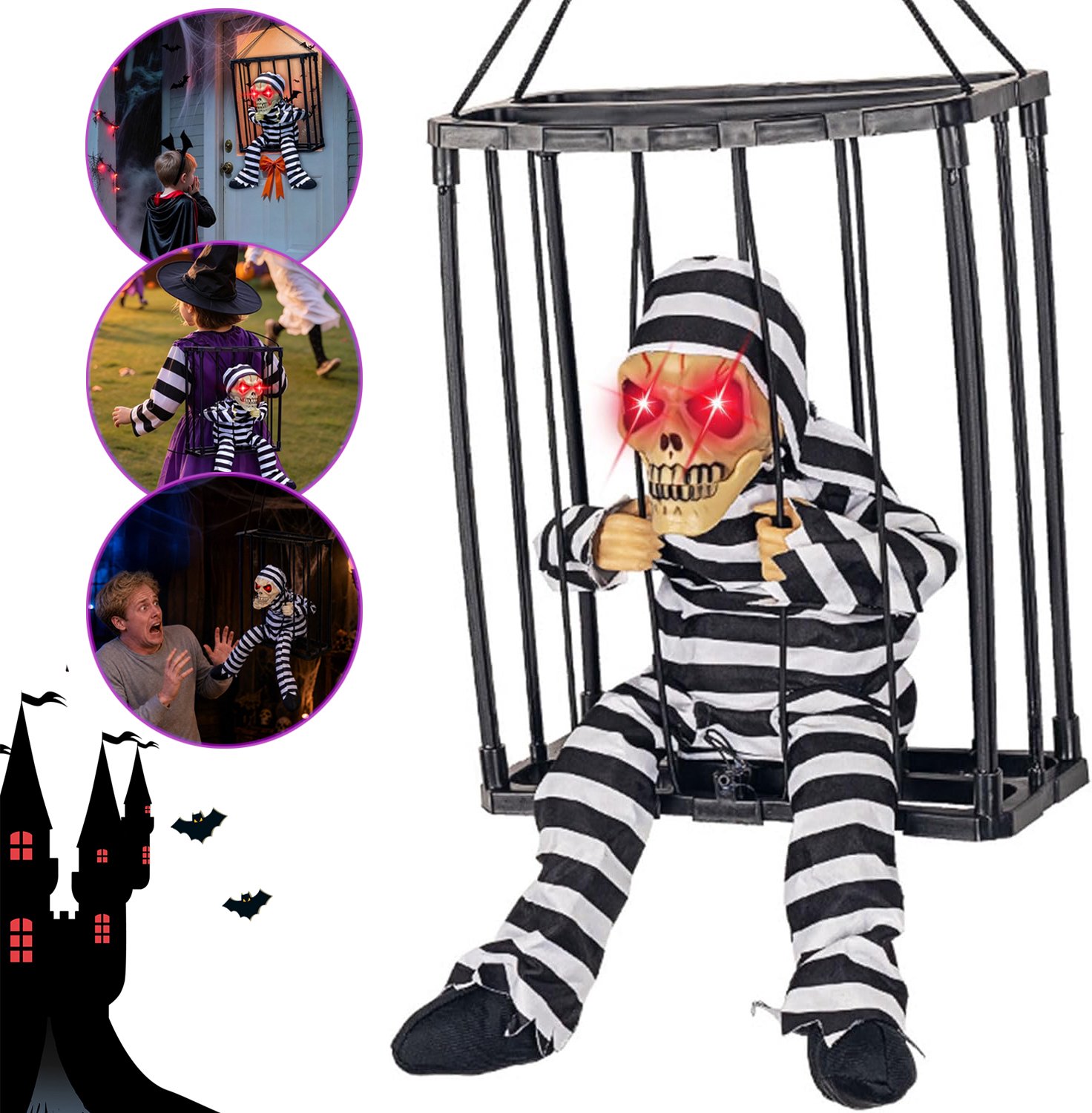 Schreeuwend Skelet-Gevangene - Halloween-Decoraties Met Bewegingssensor - Animatronic Hangende Geest In Kooi - Met Geluidseffecten