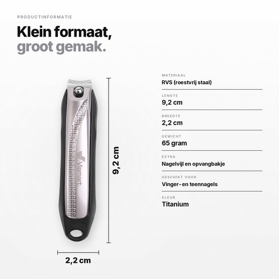 Titanium Viamart nagelknipper (9,2 x 2,2 cm) van RVS, met vijl en opvangbakje.