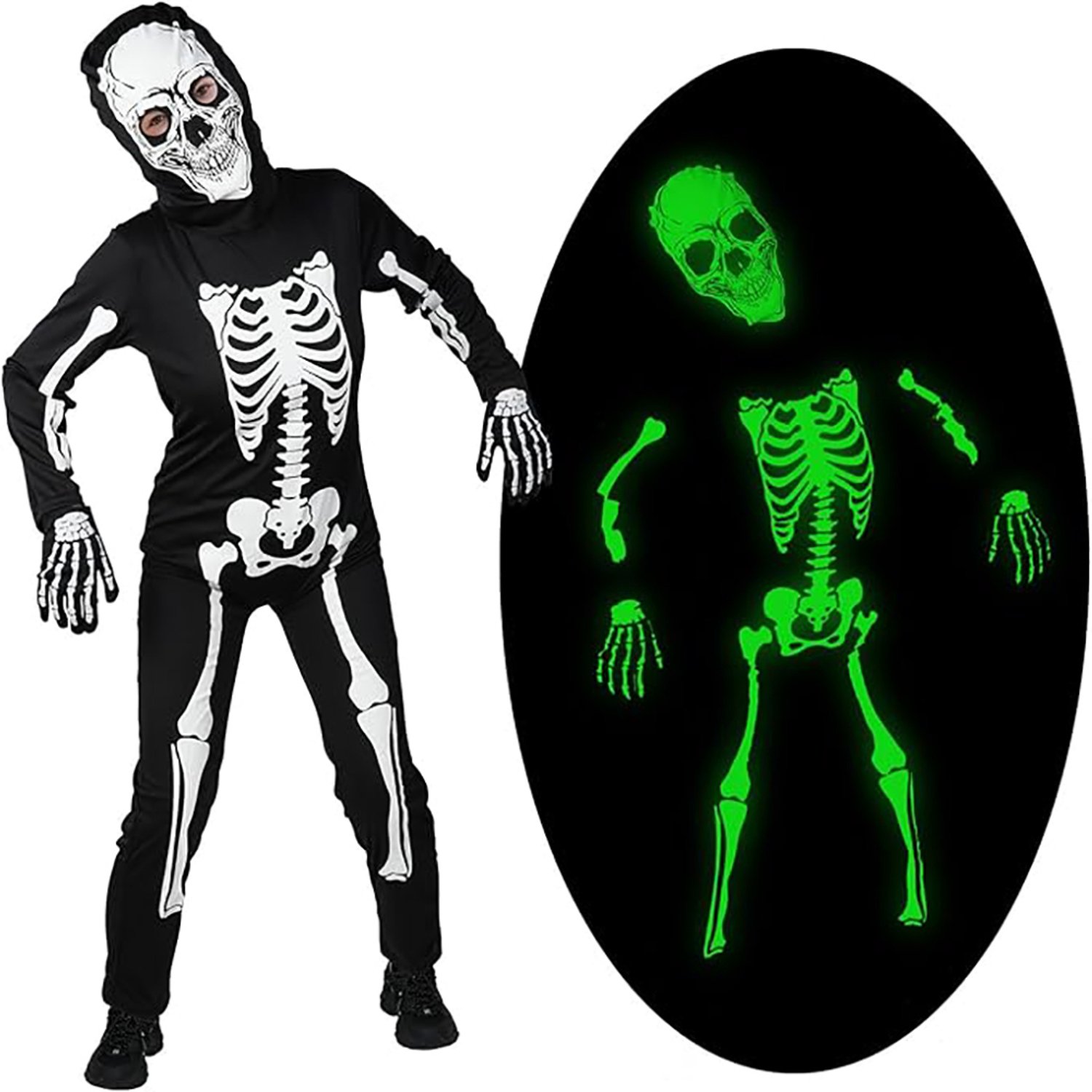 Halloween-Skeletkostuums Voor Kinderen - Lichtgevende Jumpsuit Met Eng Schedel- En Bottenmotief - Glow-In-The-Dark Kostuum