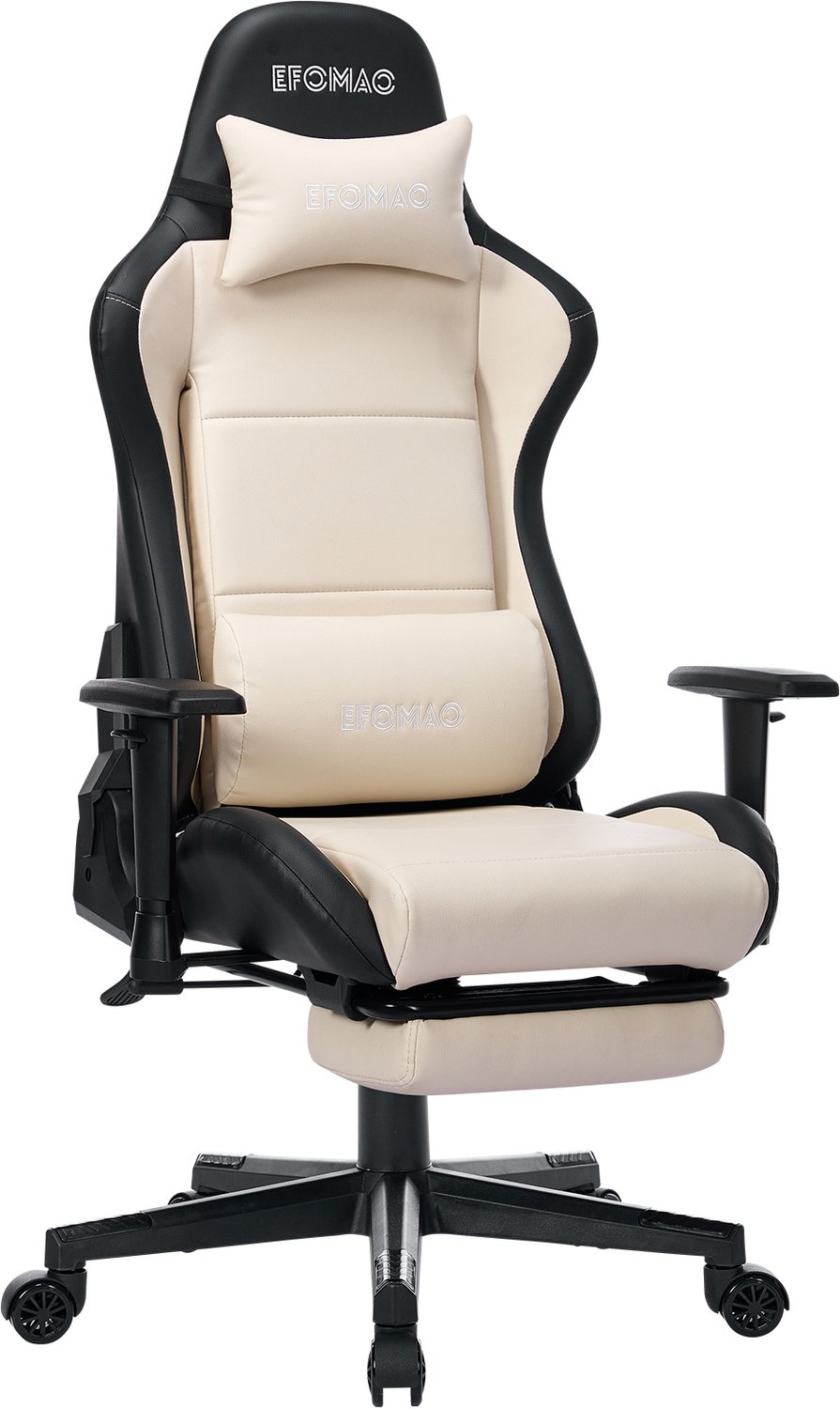ZynoCore Gaming Stoel – Ergonomische Gaming Chair – Inclusief Voetsteun, Nekkussen & Lendenkussen – 155° Verstelbaar – 7cm Armleuningen – PU Lederen Gamestoel – 150 kg – Crème/Zwart – Bureaustoel – Racekuipstoel