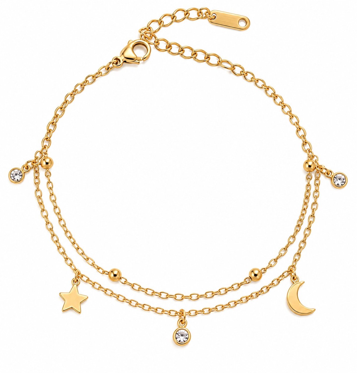 Armband Meisjes- Goudkleurig armbandje Sterretje Maantje Strass- Armbandje Gold Plated Staal RVS LiLaLove- Dubbellaags- Kind