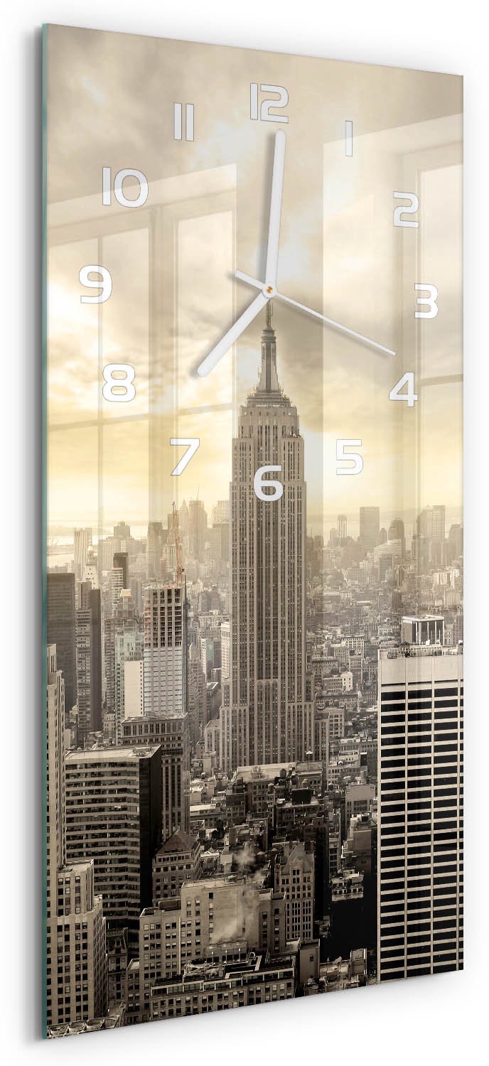 Tulup Wandklok - Manhattan, New York Wandklok Glas Met Motief - 30x60 cm - Beige Decoratieve Glazen Klok - Witte handen - Rechthoekige Klok - Gekleurde Glazen Klok - Glazen Klok Met Print