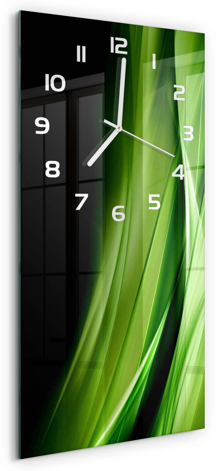 Tulup Wandklok - Groene golven achtergrond Decoratieve Glazen Klok - 30x60 cm - Groente Glazen Wandklok Design - Witte handen - Rechthoekige Klok - Glazen Klok Met Print - Wandklok Glas Met Motief