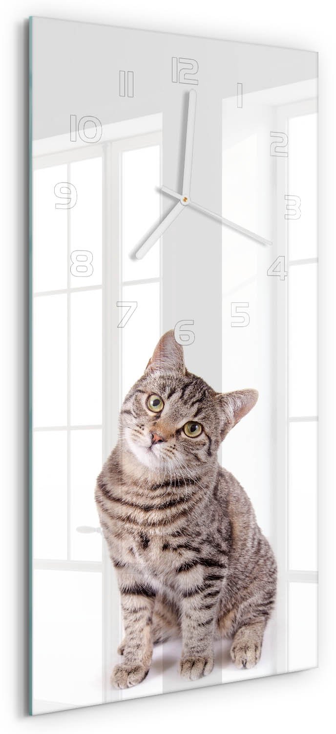 Tulup Wandklok - Kat Decoratieve Glazen Klok - 30x60 cm - Bruin Glazen Wandklok Design - Witte handen - Rechthoekige Klok - Glazen Klok Met Print - Wandklok Glas Met Motief