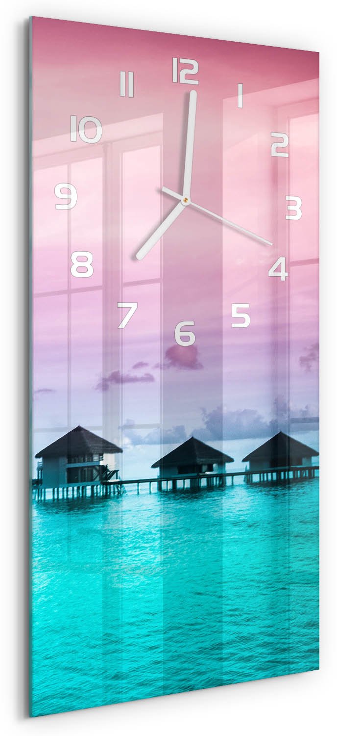 Tulup Wandklok - Bungalows aan het water Glazen Wandklok Design - 30x60 cm - Blauw Klok Glas Met Opdruk - Witte handen - Rechthoekige Klok - Wandklok Glas Met Motief - Decoratieve Glazen Klok