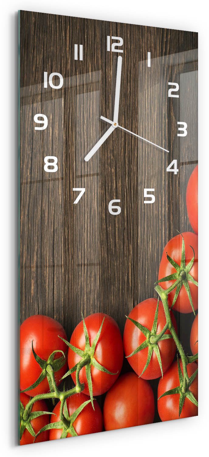 Tulup Wandklok - Tomaten op hout Decoratieve Glazen Klok - 30x60 cm - Rood Glazen Wandklok Design - Witte handen - Rechthoekige Klok - Glazen Klok Met Print - Wandklok Glas Met Motief