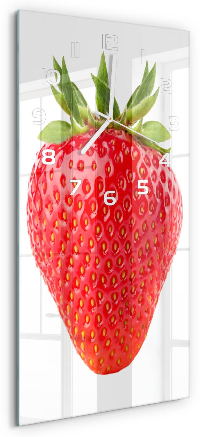 Tulup Wandklok - Aardbei Klok Glas Met Opdruk - 30x60 cm - Rood Moderne Wandklok Glas - Witte handen - Rechthoekige Klok - Decoratieve Glazen Klok - Glazen Wandklok Design