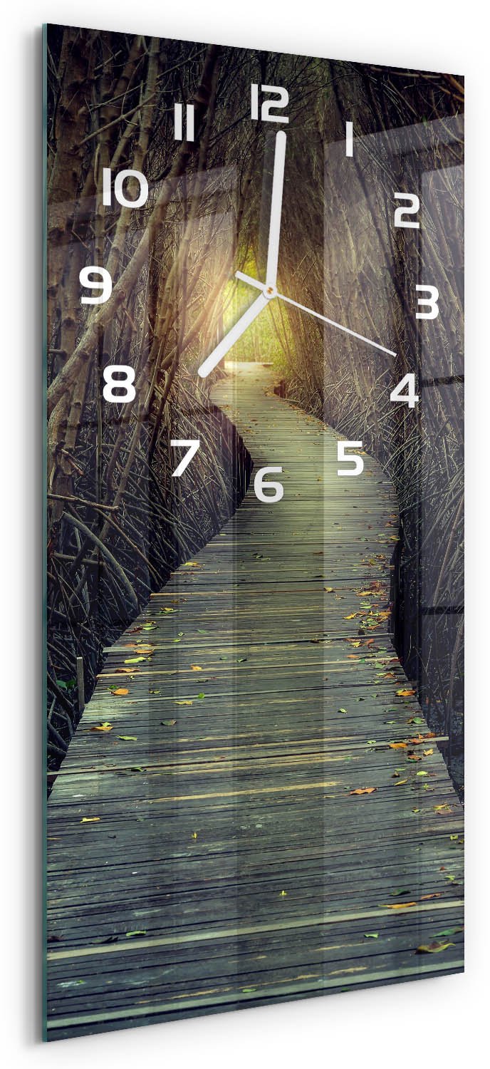 Tulup Wandklok - Pad in het bos Decoratieve Glazen Klok - 30x60 cm - Bruin Glazen Wandklok Design - Witte handen - Rechthoekige Klok - Glazen Klok Met Print - Wandklok Glas Met Motief