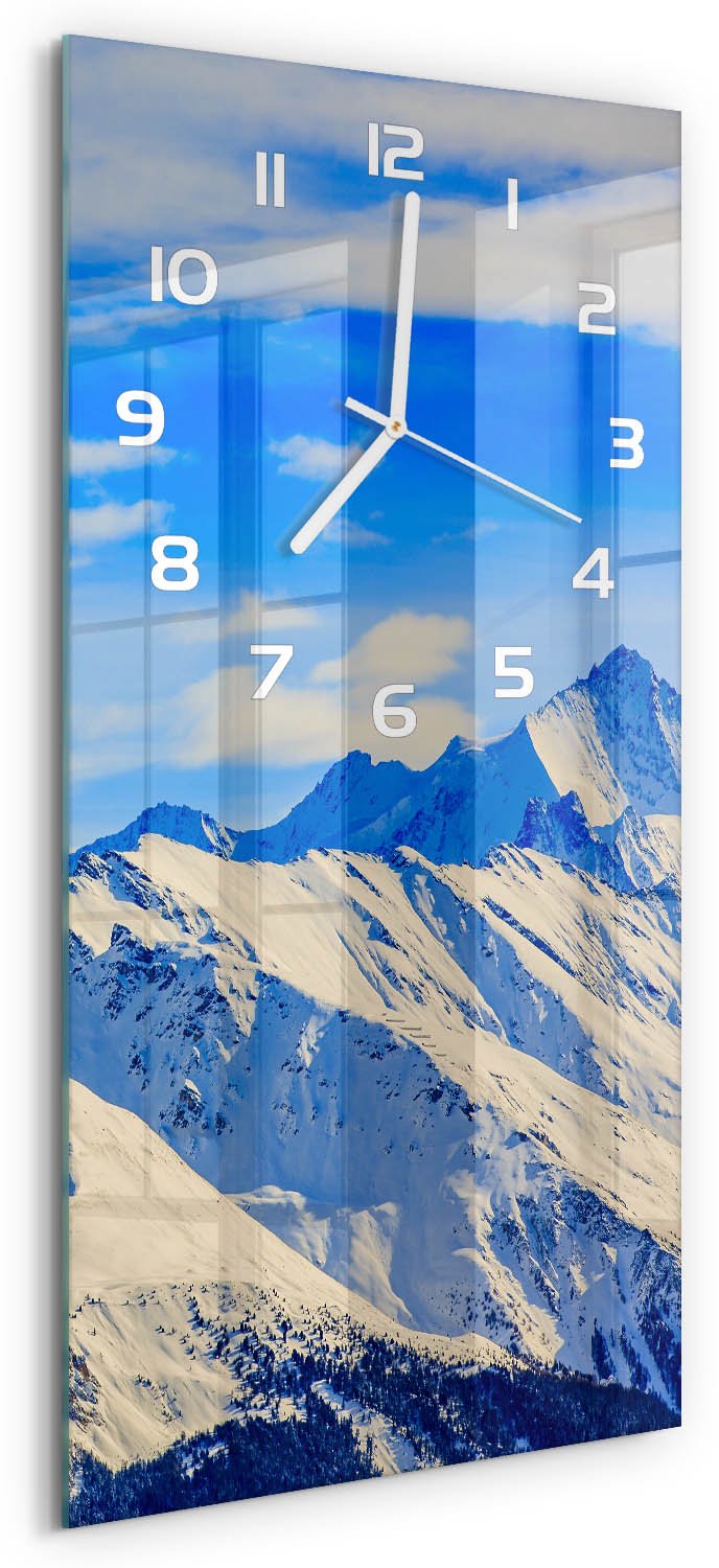 Tulup Wandklok - Bergen in de winter Wandklok Glas Met Motief - 30x60 cm - Blauw Decoratieve Glazen Klok - Witte handen - Rechthoekige Klok - Gekleurde Glazen Klok - Glazen Klok Met Print
