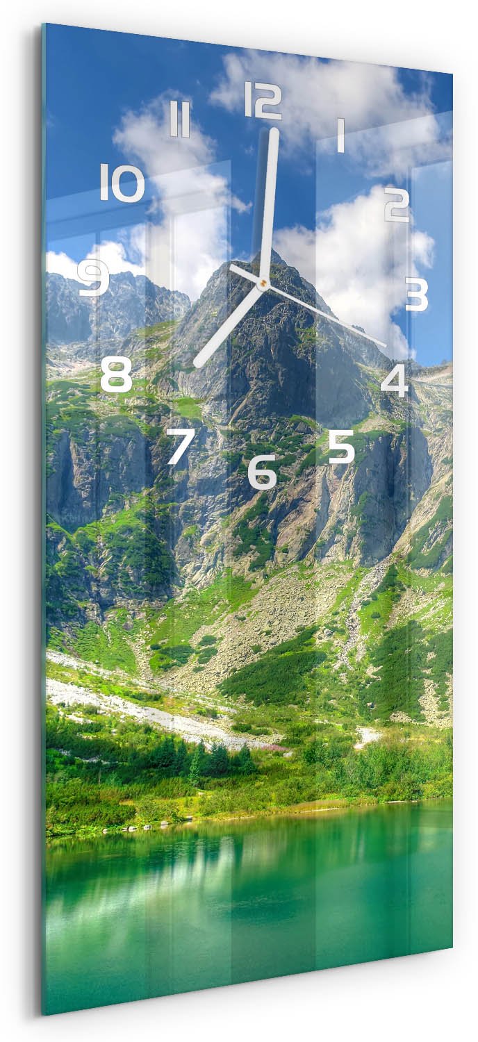 Tulup Wandklok - Meer in de bergen Wandklok Glas Met Motief - 30x60 cm - Groente Decoratieve Glazen Klok - Witte handen - Rechthoekige Klok - Gekleurde Glazen Klok - Glazen Klok Met Print