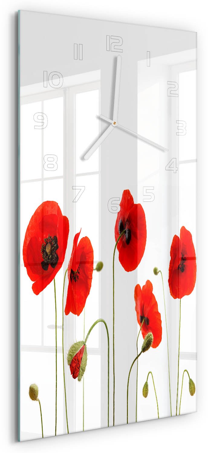 Tulup Wandklok - Klaprozen Moderne Wandklok Glas - 30x60 cm - Rood Wandklok Glas Decoratie - Witte handen - Rechthoekige Klok - Glazen Wandklok Design - Klok Glas Met Opdruk